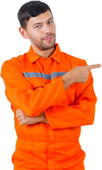 An image depicts an orange workman urgently pointing at something, indicating the need for emergency garage door repair.